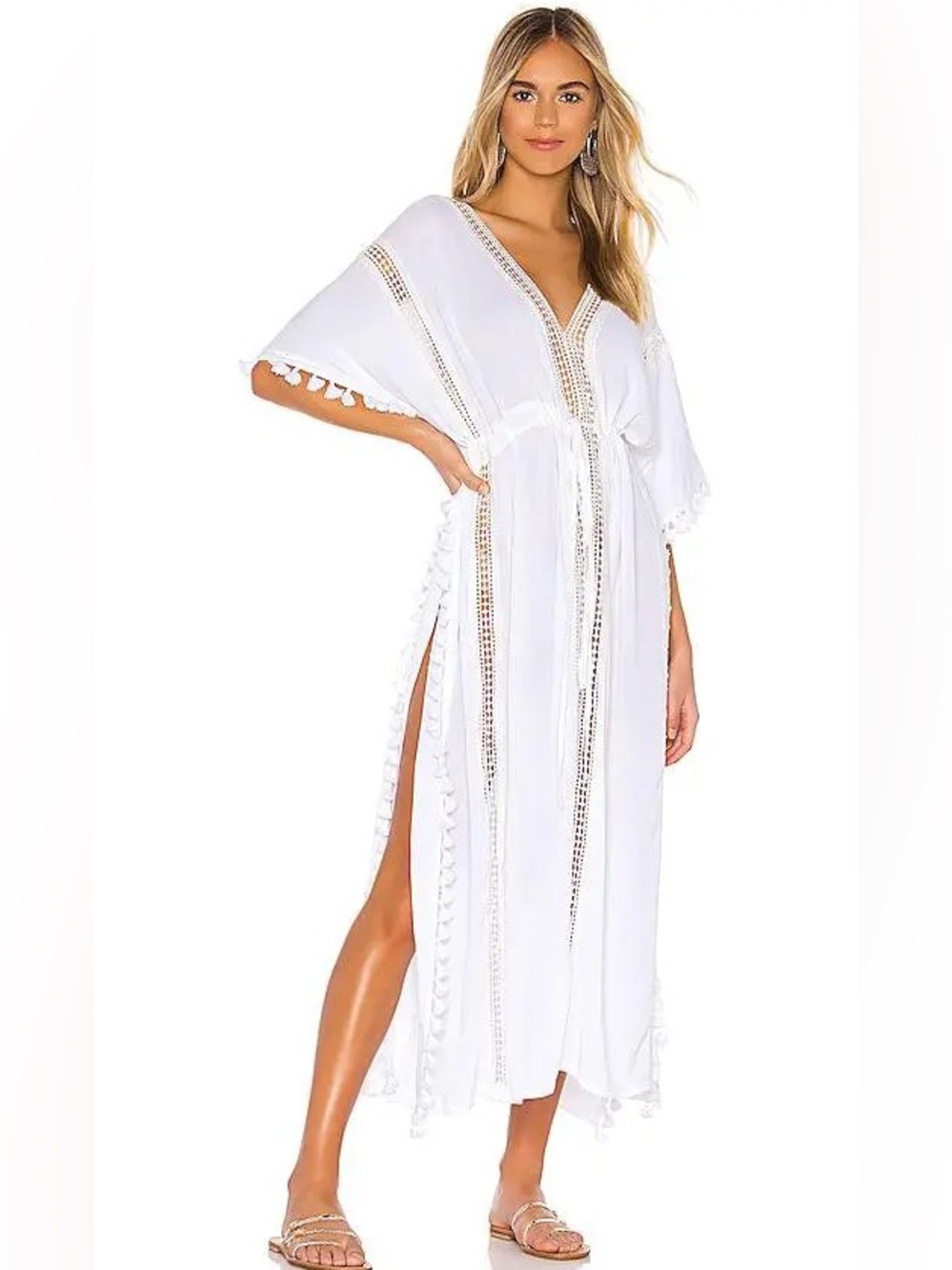 Michael Stars White Tassel-Trim Long Kaftan Coverup